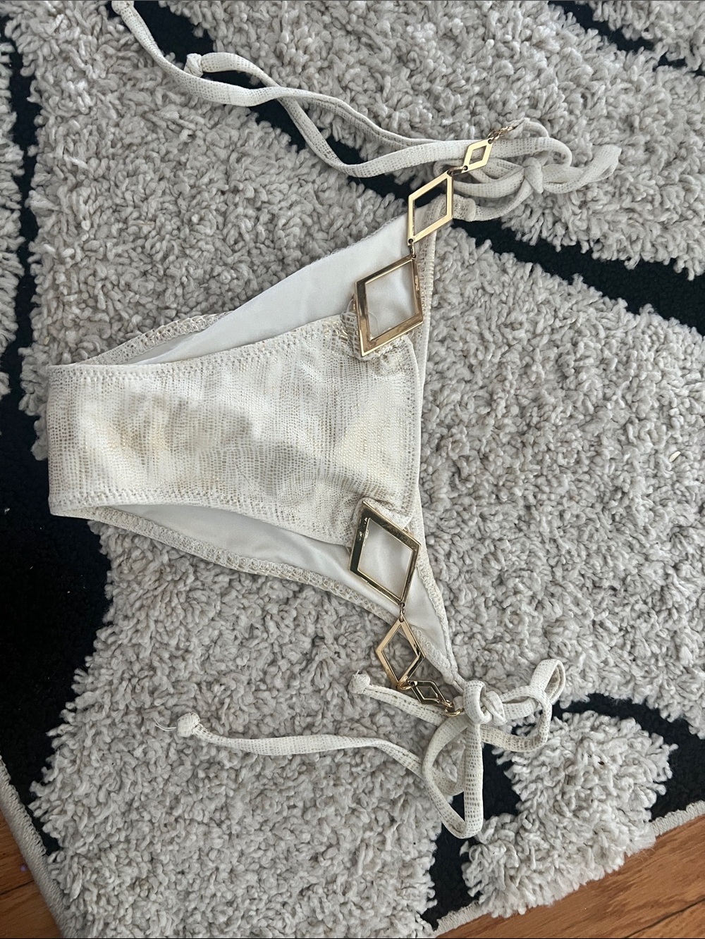 Beach Bunny Cream Metallic Side-Tie Bikini Bottom with Gold Accents